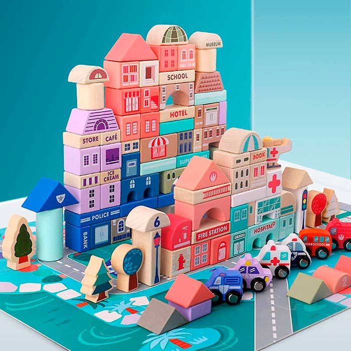 Zestaw zawiera również matę-puzzle, na której dzieci mogą budować miasto