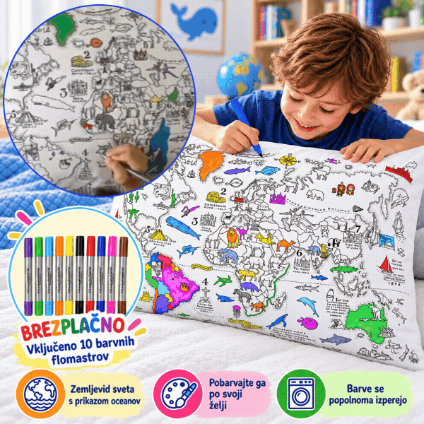 Pokoloruj swoją poduszkę – mapa świata, ColoringPillow - Image 1
